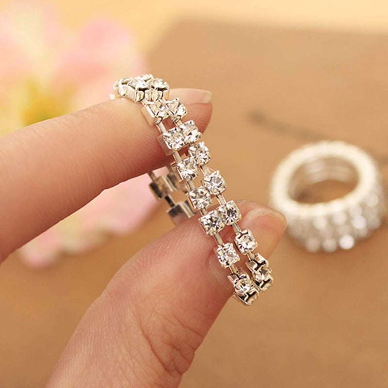 PPX 6 Pcs Rhinestone 1 Rows Crystals Inlaid Paved Jewelry Stretch Elastic Finger Ring for Women -Gold,Silver, Colorful - Image 3